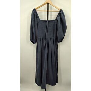Quince 100% Organic Cotton Gauze Smocked Puff Sleeve Midi Dress in Indigo Blue